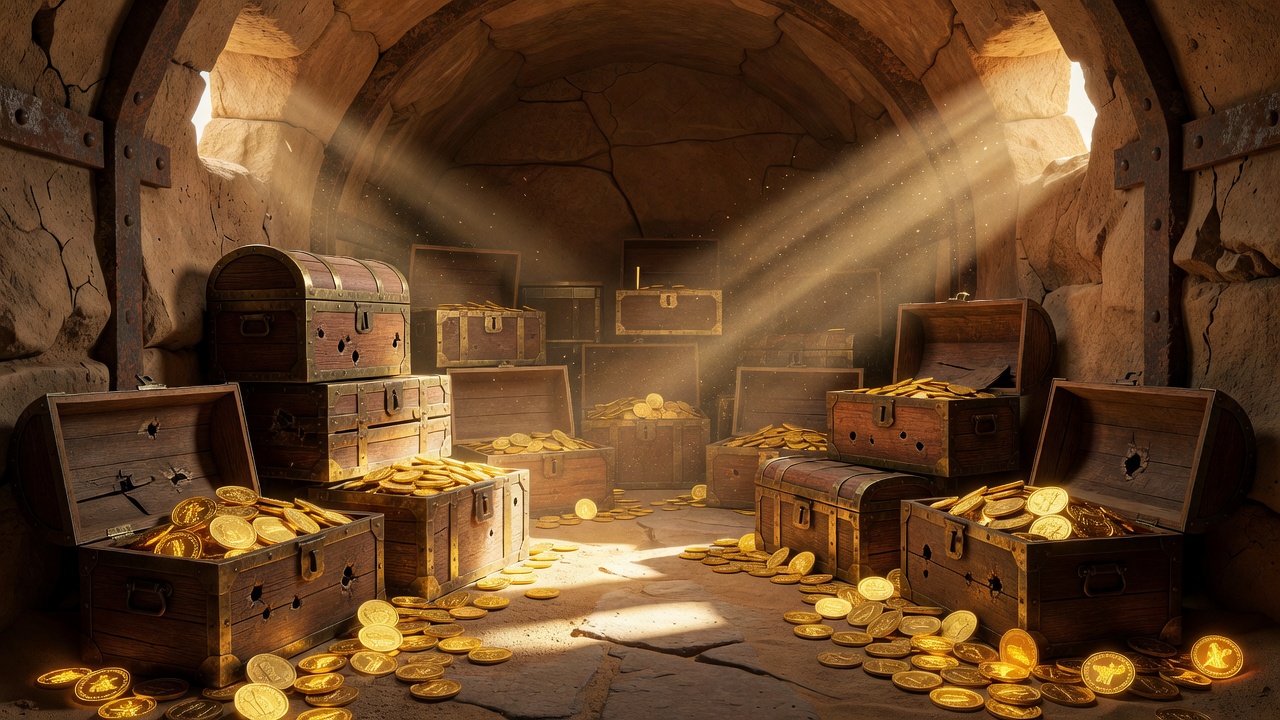Cinematic desert gold vault interior filled with saloon treasure chests, glowing gold coins, and dusty sunset light beams